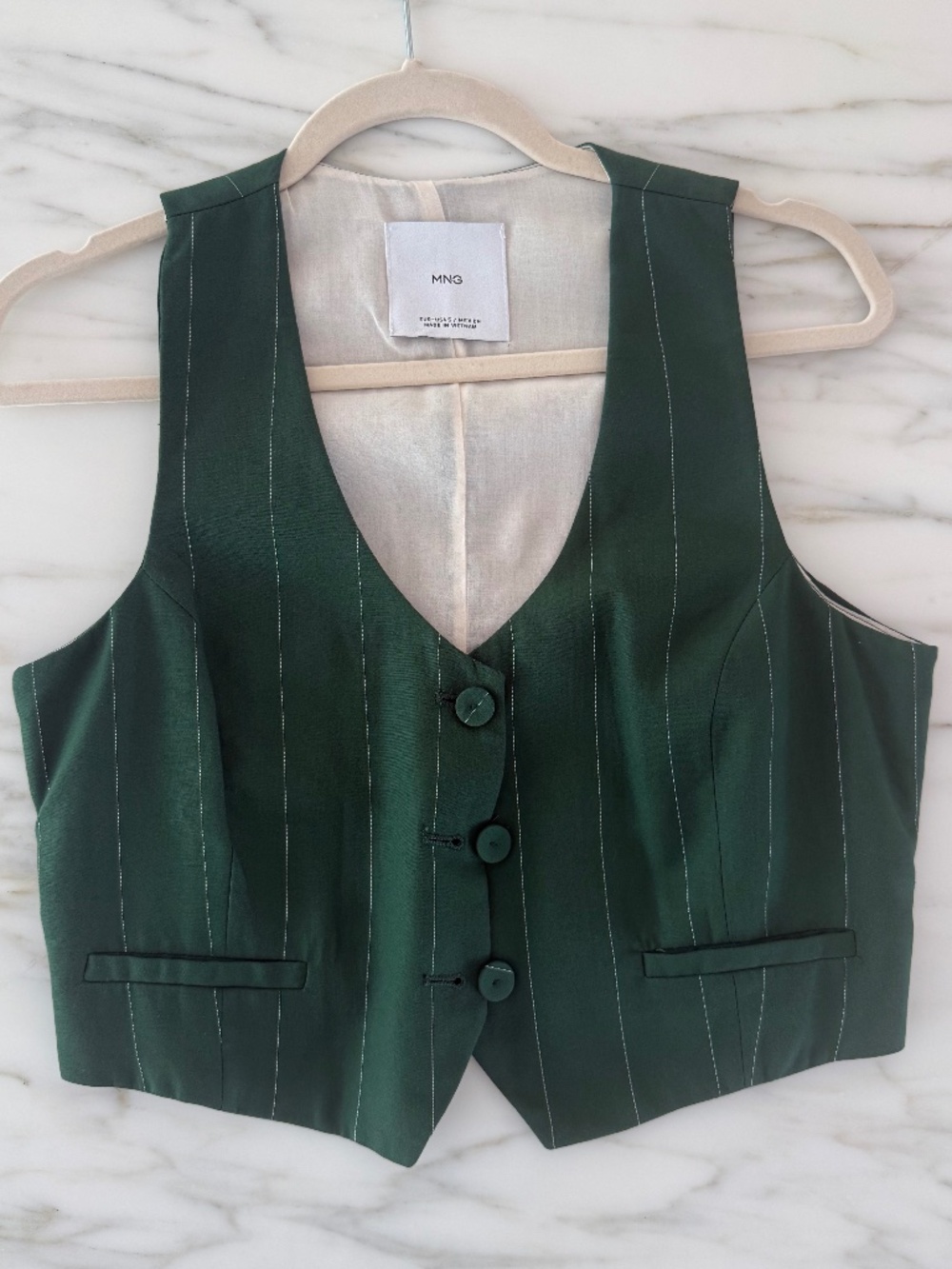 Mango MNG - Forest Green Pinstripe Cropped Vest, Size S
